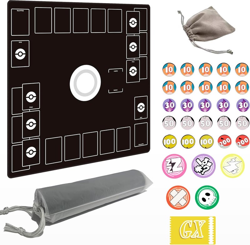 Extalas Playmat for Trading Card Game – 2-Player Trainer Mat with Damage Counters and Professional Storage Bag (Black, Large) - Image 1